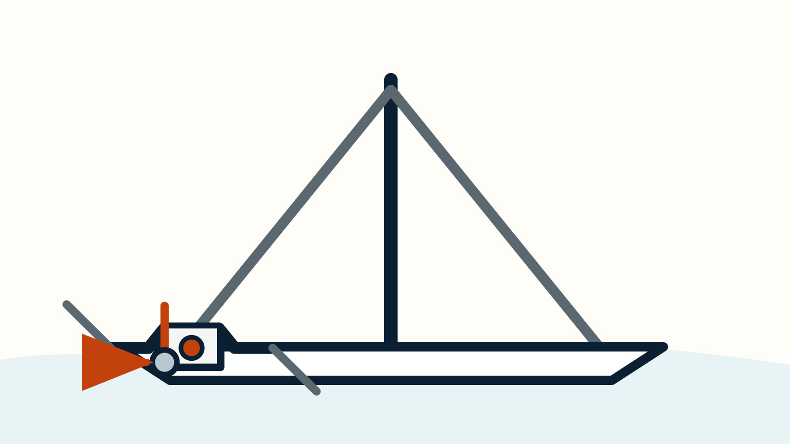 A grey turnbuckle joins a grey shroud to an orange-pinned chainplate on a white hull