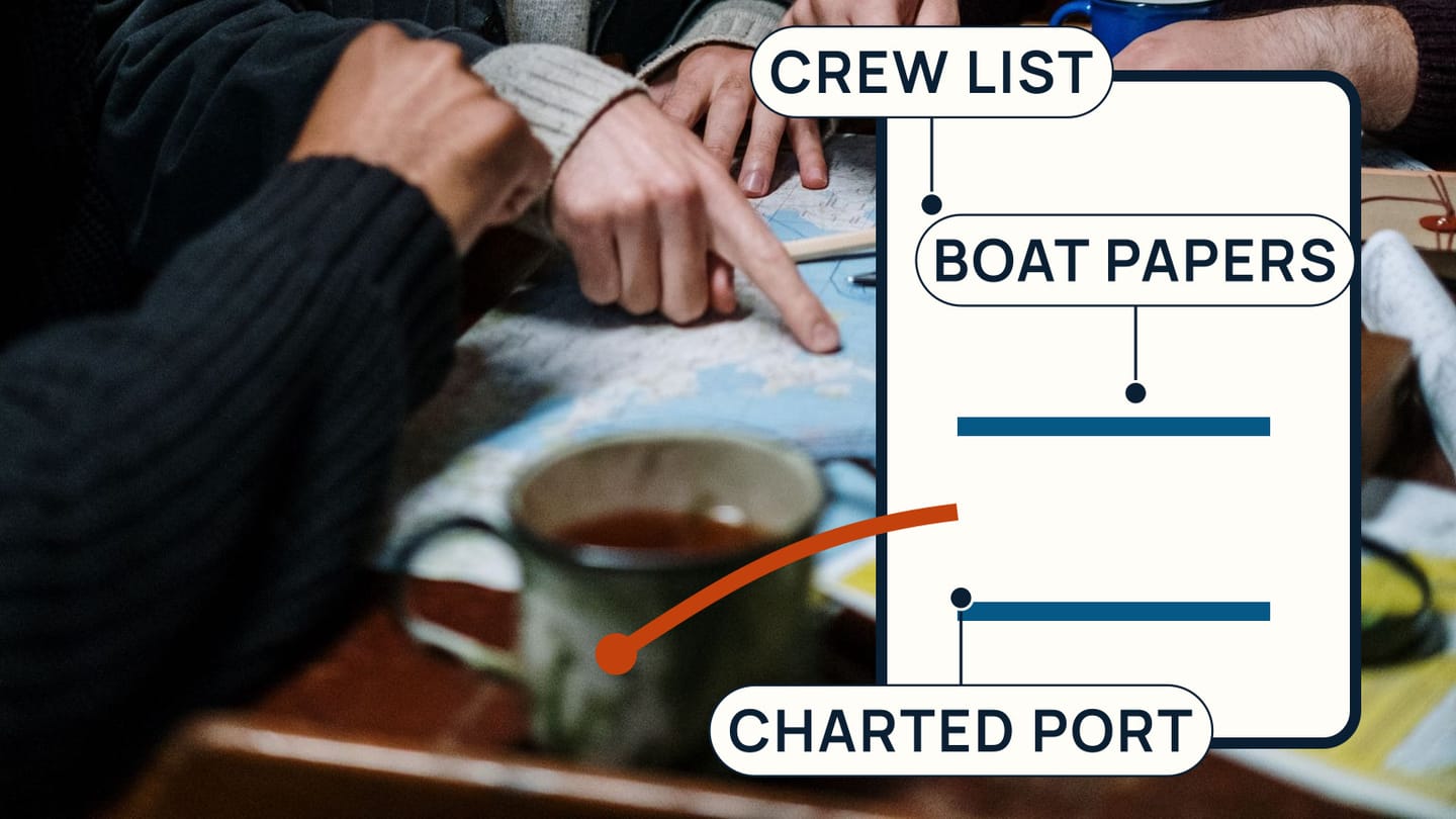 Crew using a chart beside a preparation panel for the crew list, boat papers, and charted port