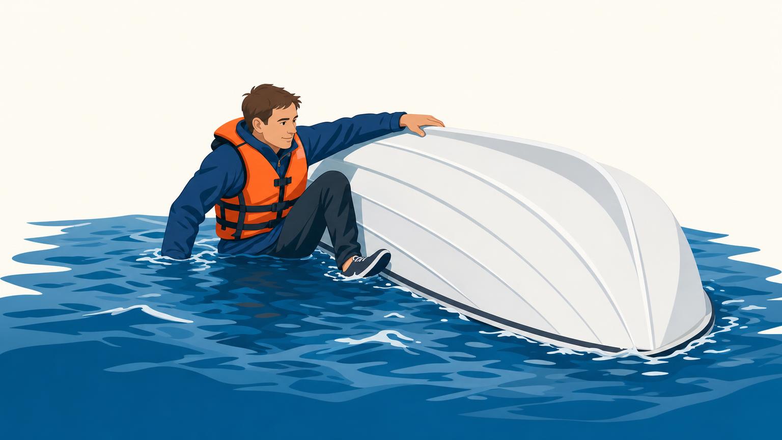 A person wearing a life jacket holds an overturned dinghy and prepares to climb out of cold water.