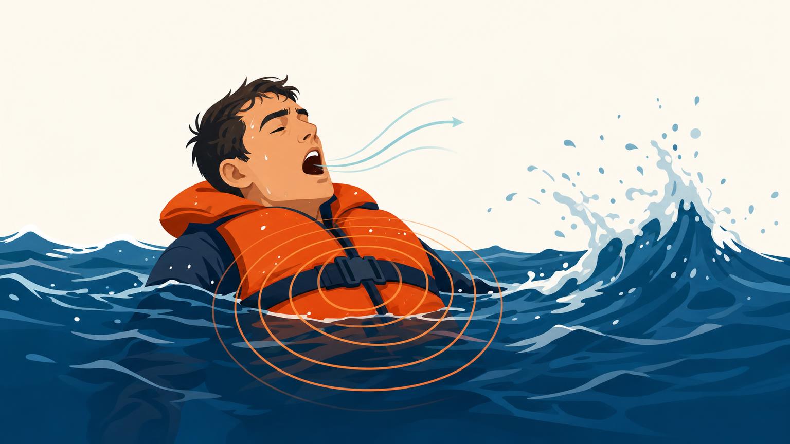 A life-jacketed person gasps at the surface as rapid breaths and a nearby wave show the immediate dangers of cold shock.