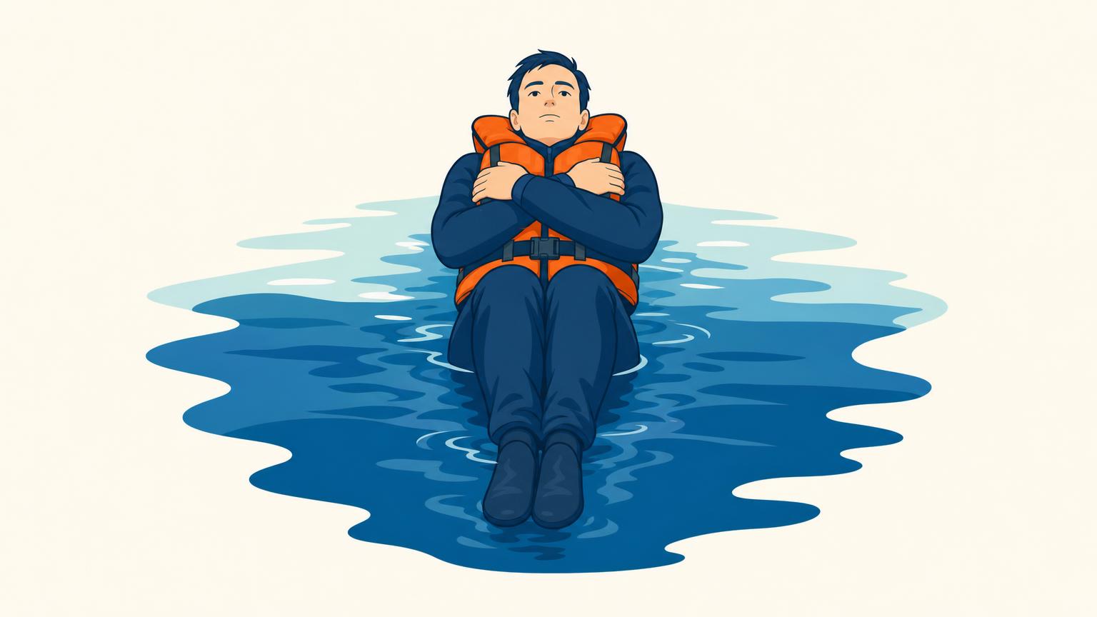 A life-jacketed person demonstrates the HELP position with knees tucked, legs together, arms crossed inward and head above water.