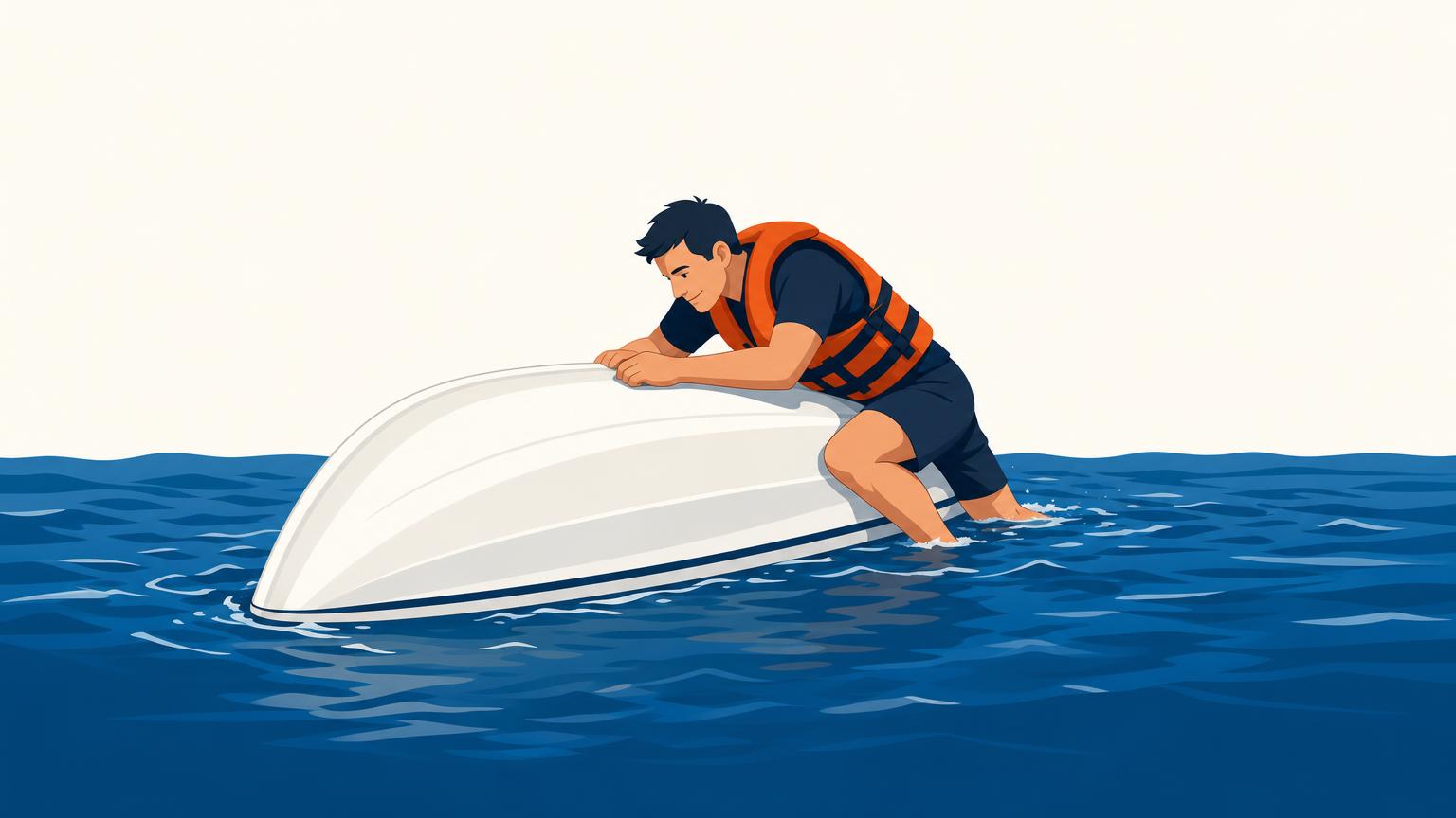 A person wearing a life jacket climbs onto an overturned dinghy to get as much of the body out of cold water as possible.