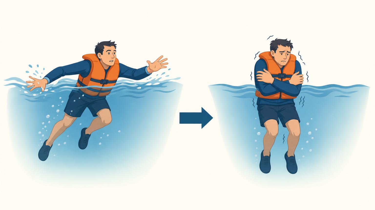 Successive views show swimming movement failing first and whole-body cooling becoming more severe later.