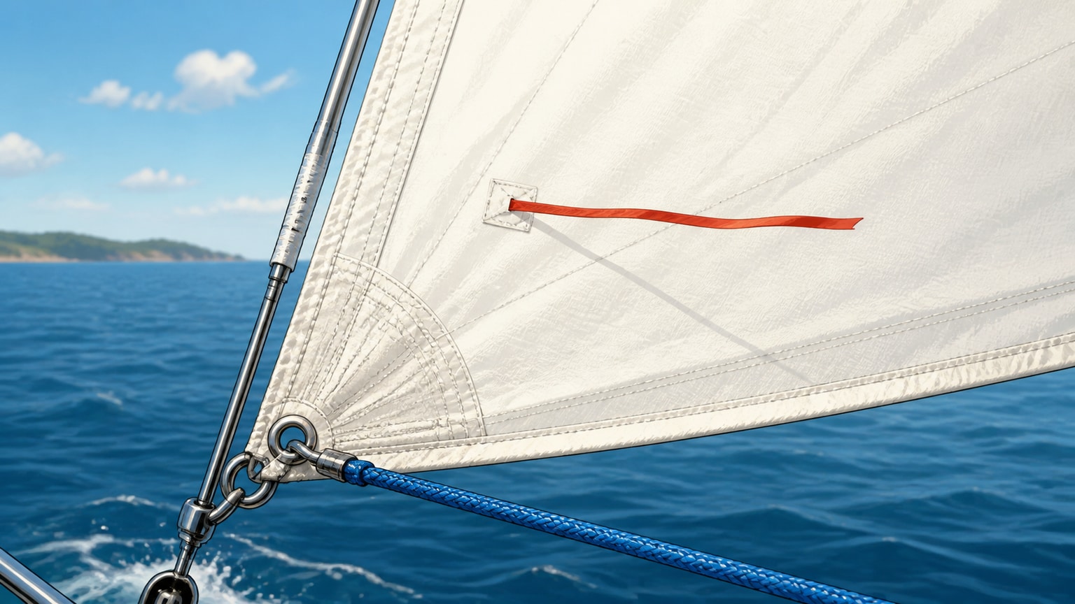 A red telltale streams from a filled jib above a blue sheet and calm water