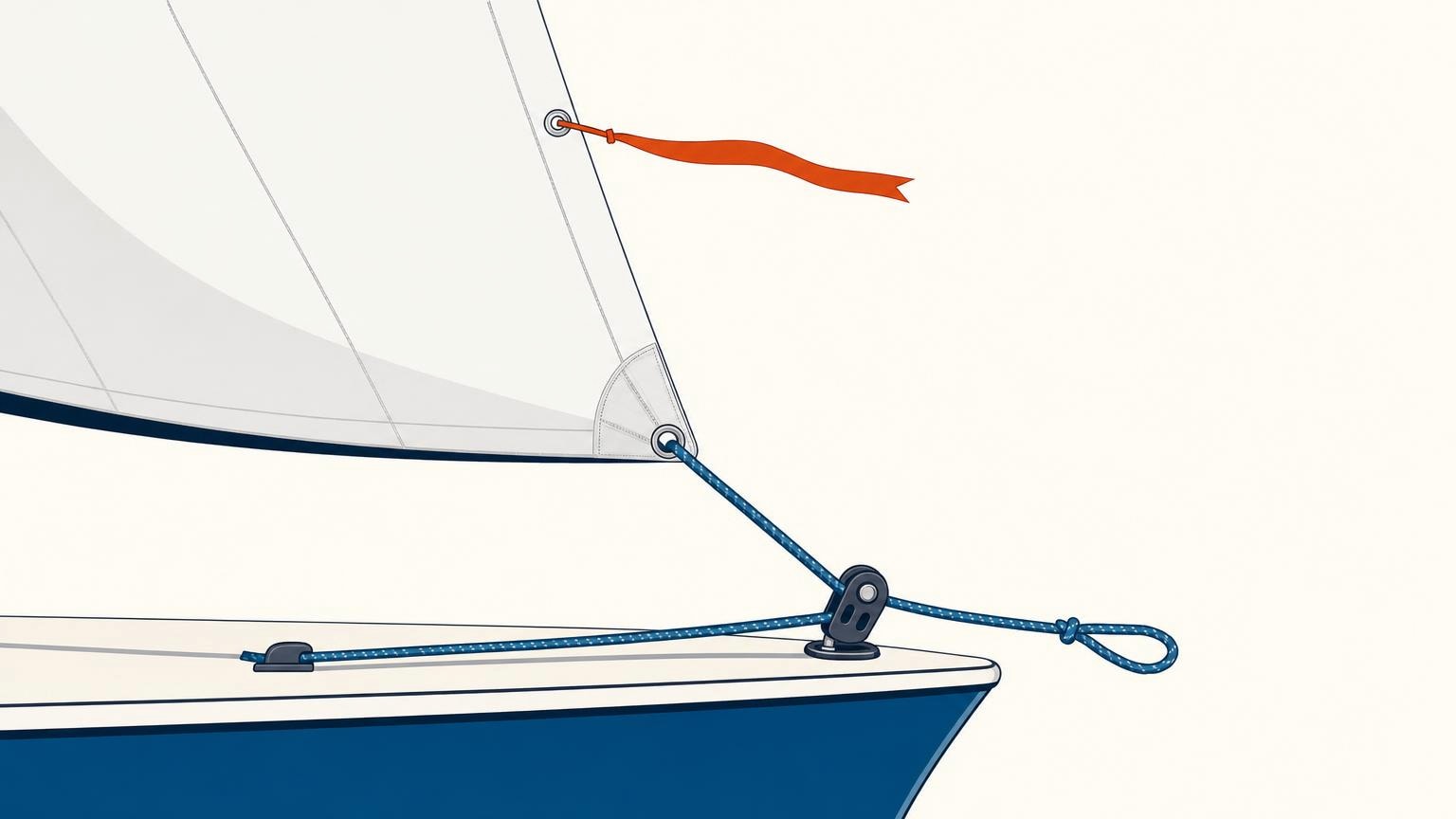 A sail-control diagram isolates one sheet and one red telltale for a small trim adjustment