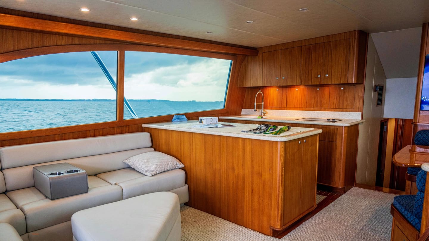Yacht galley sink, counter, cabinets, and preparation space