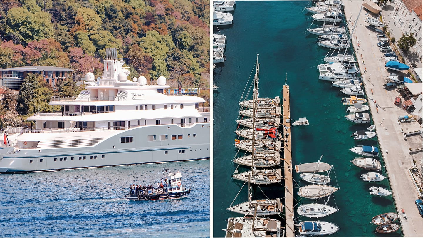 A large yacht and marina berths representing charter extras