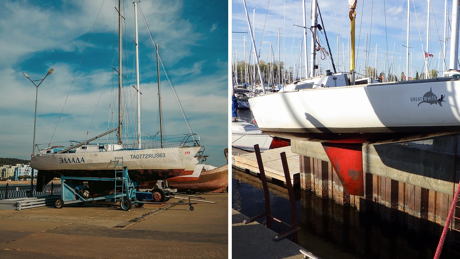 Technician working beside a sailboat in a yard