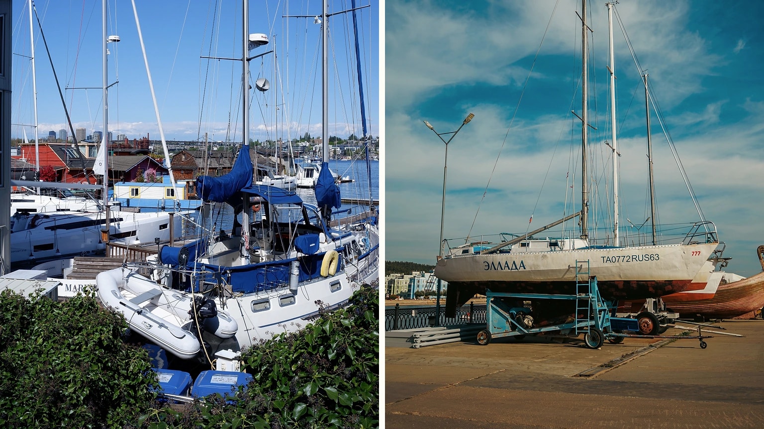 Sailboats lined up in marina berths