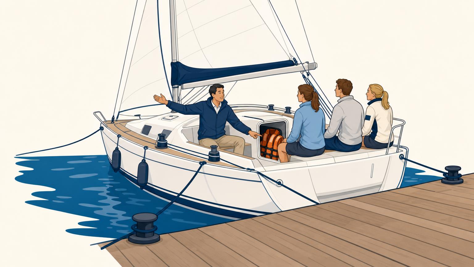 A skipper briefs an attentive crew beside an open safety locker before the dock lines are released