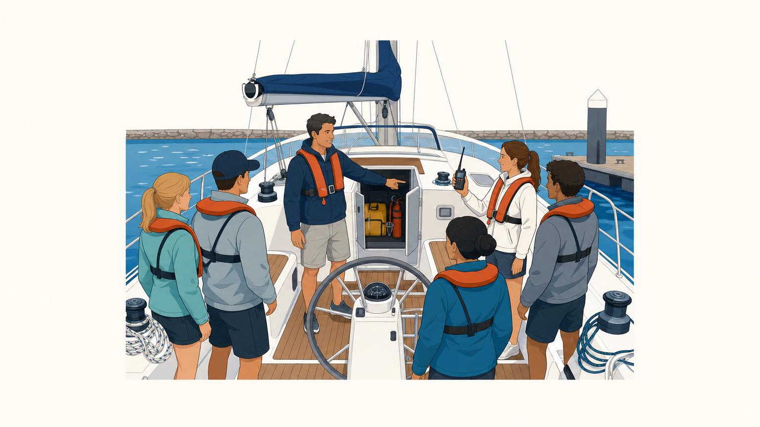 Crew gather in the cockpit while the skipper indicates a safety locker and a crew member holds the VHF radio