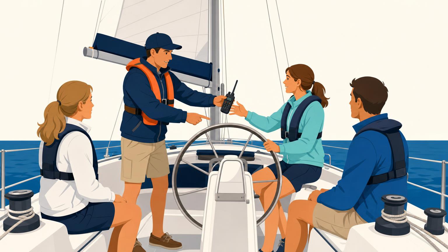 The skipper gives a VHF radio to the designated backup beside the sailboat's helm