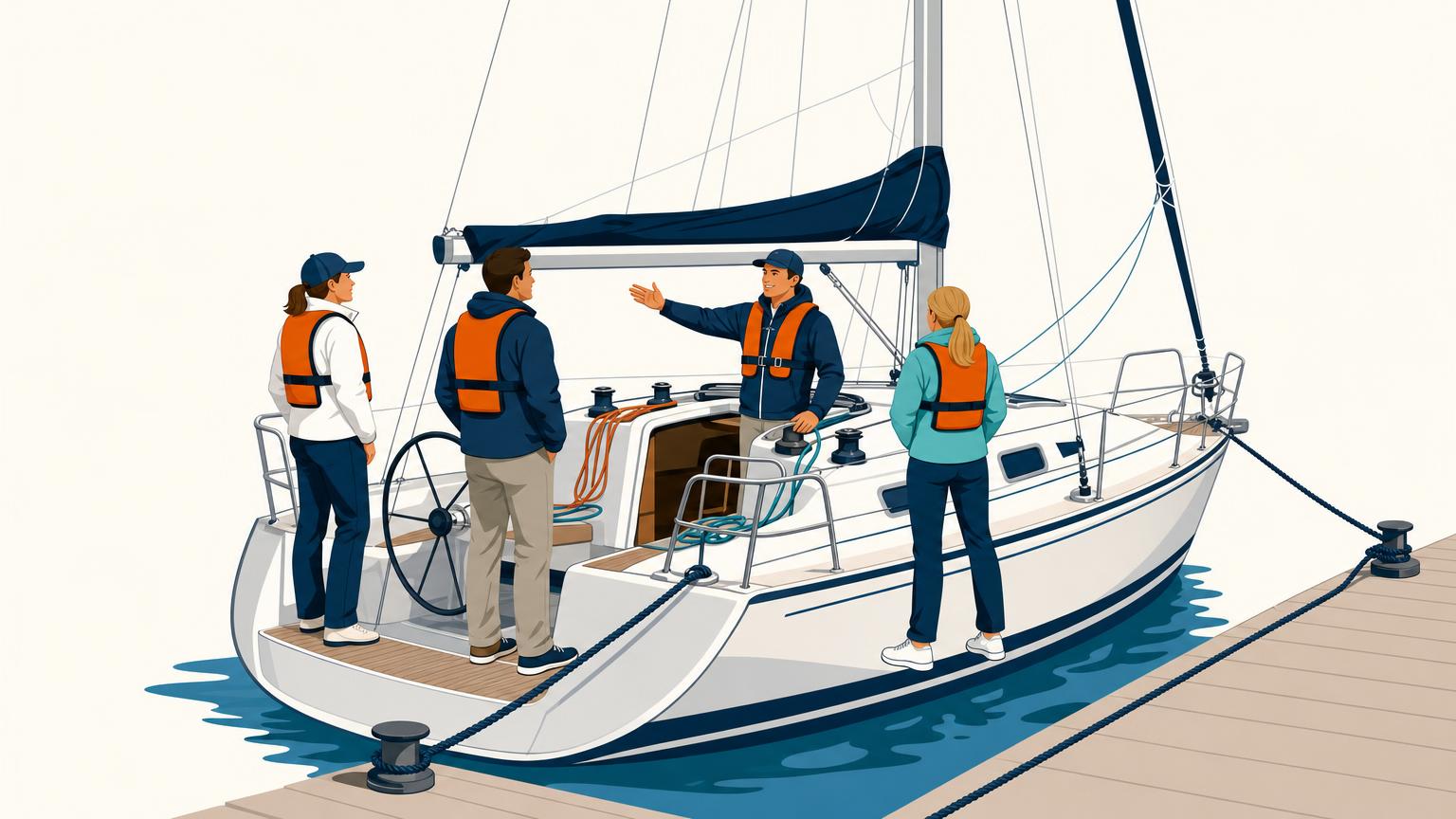 An experienced crew receives another pre-departure briefing while the sailboat remains tied to the dock