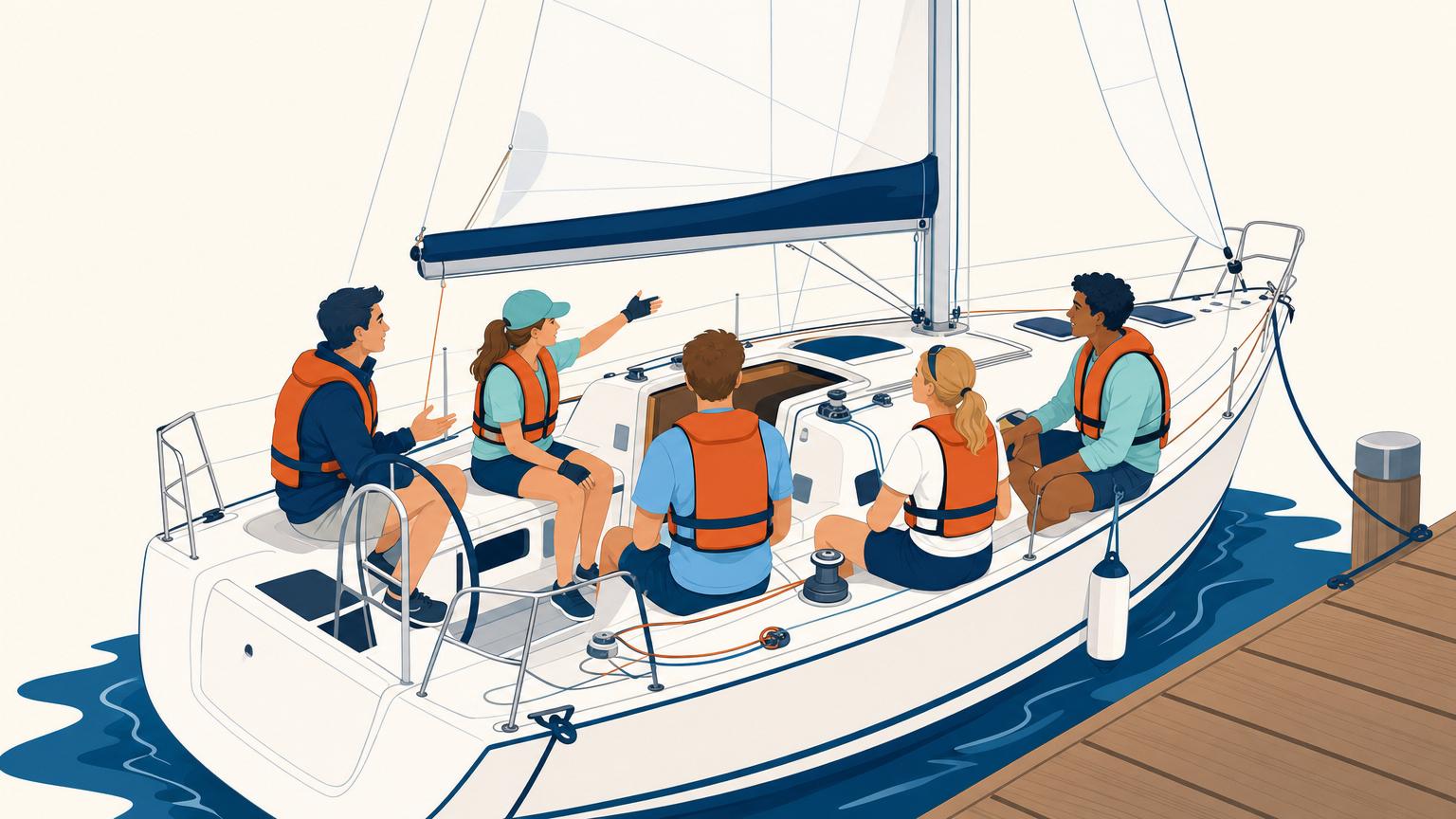 A skipper listens as a crew member raises a safety concern aboard a sailboat still tied to the dock