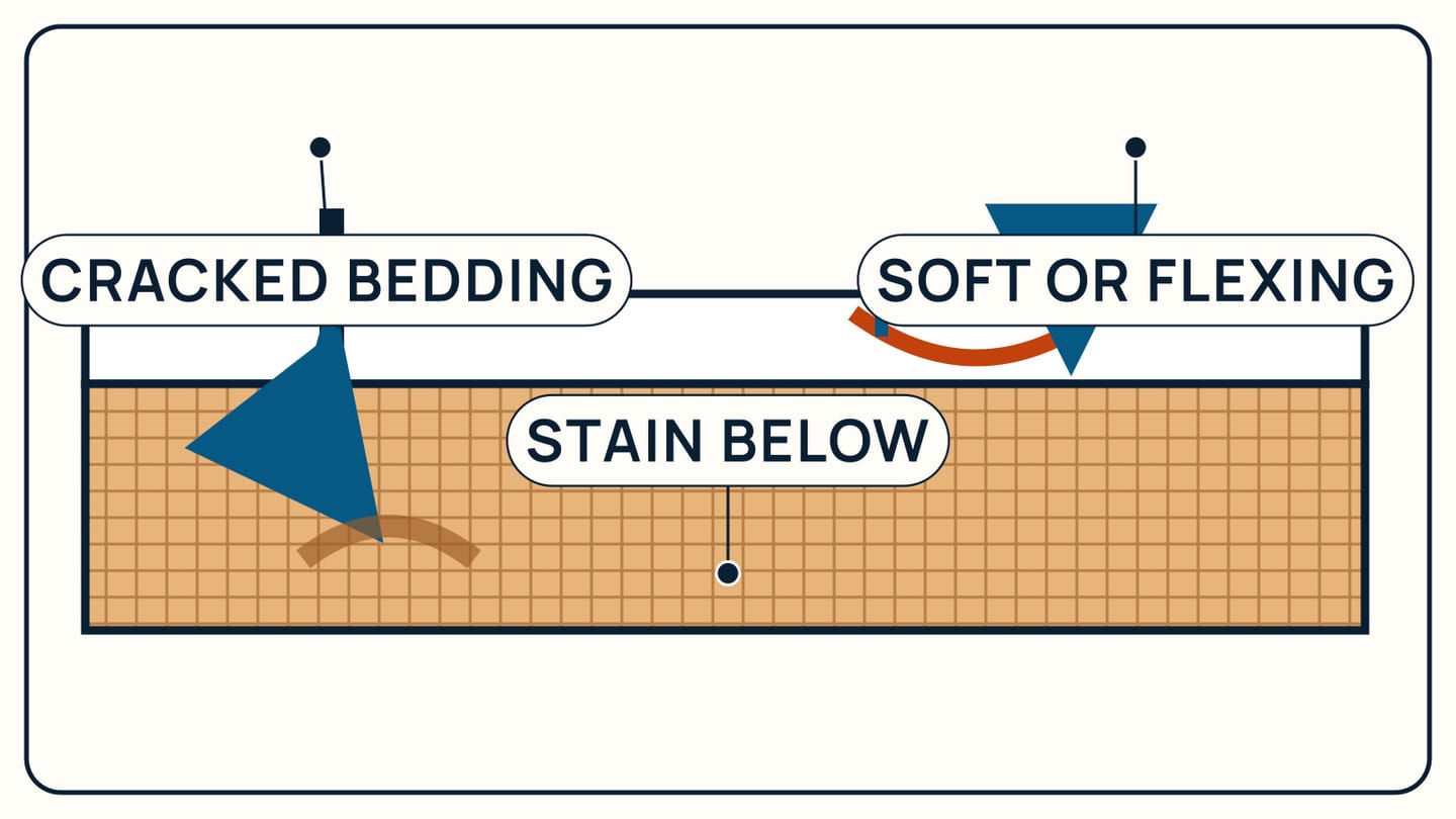 Cracked bedding around a fastener leads to moisture, staining below, and flexing deck skin