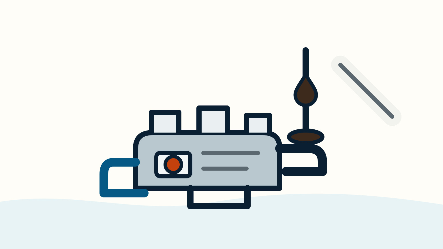 A brown oil drop sits below a vertical dipstick beside a grey engine