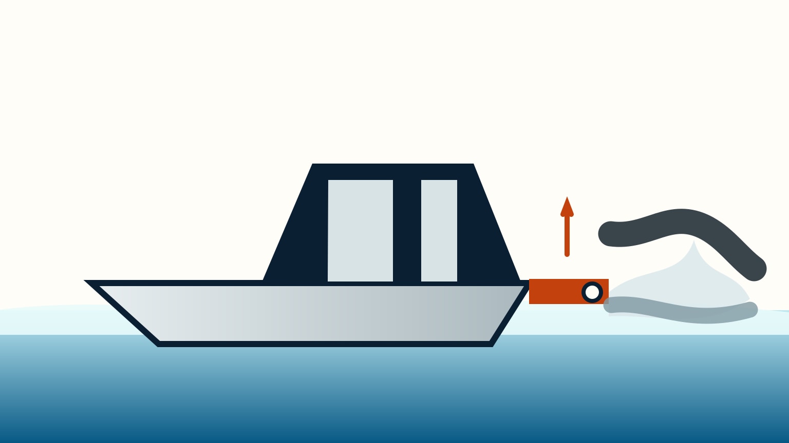 A boat drawing contrasts a pale vapour plume and a dark exhaust plume at the stern outlet