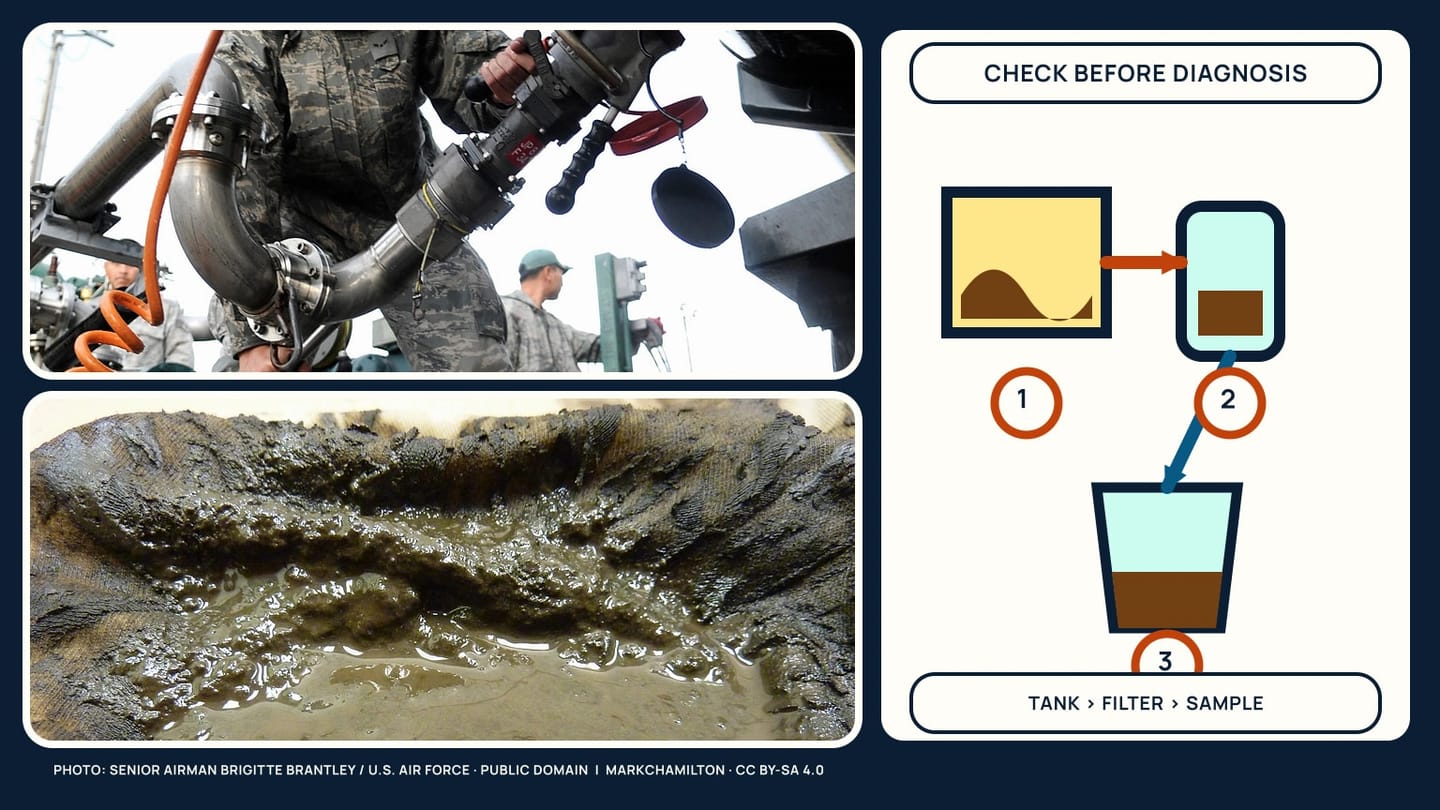 Hose equipment and wet brown residue beside three numbered stages leading to a settling jar