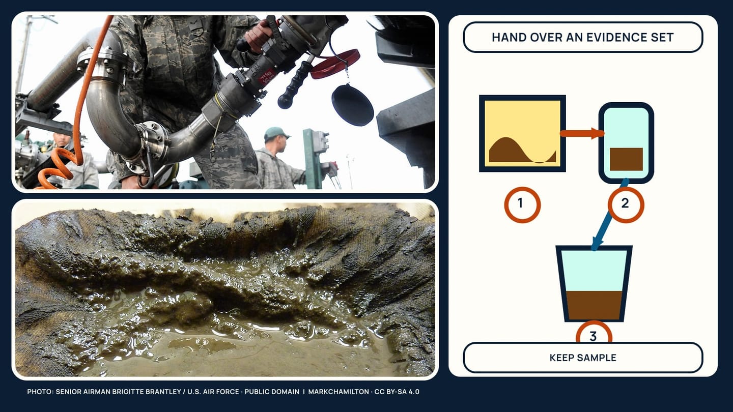 Hose equipment and wet brown residue beside a tank-and-filter diagram ending at a jar marked keep sample