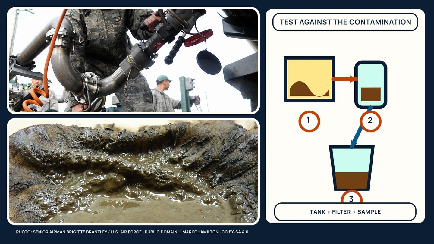 A person holding hose equipment and a close-up of wet brown residue beside a tank-to-filter-to-jar diagram