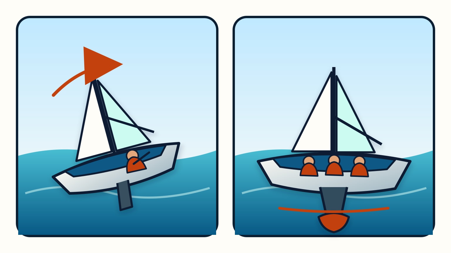 Responsive dinghy reacting to crew movement beside a steadier keelboat with shared crew roles