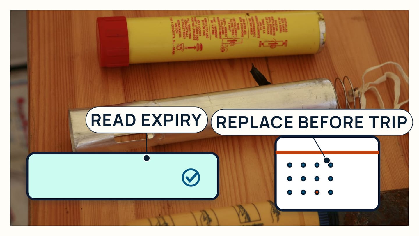 A real flare casing behind expiry and replacement date markers
