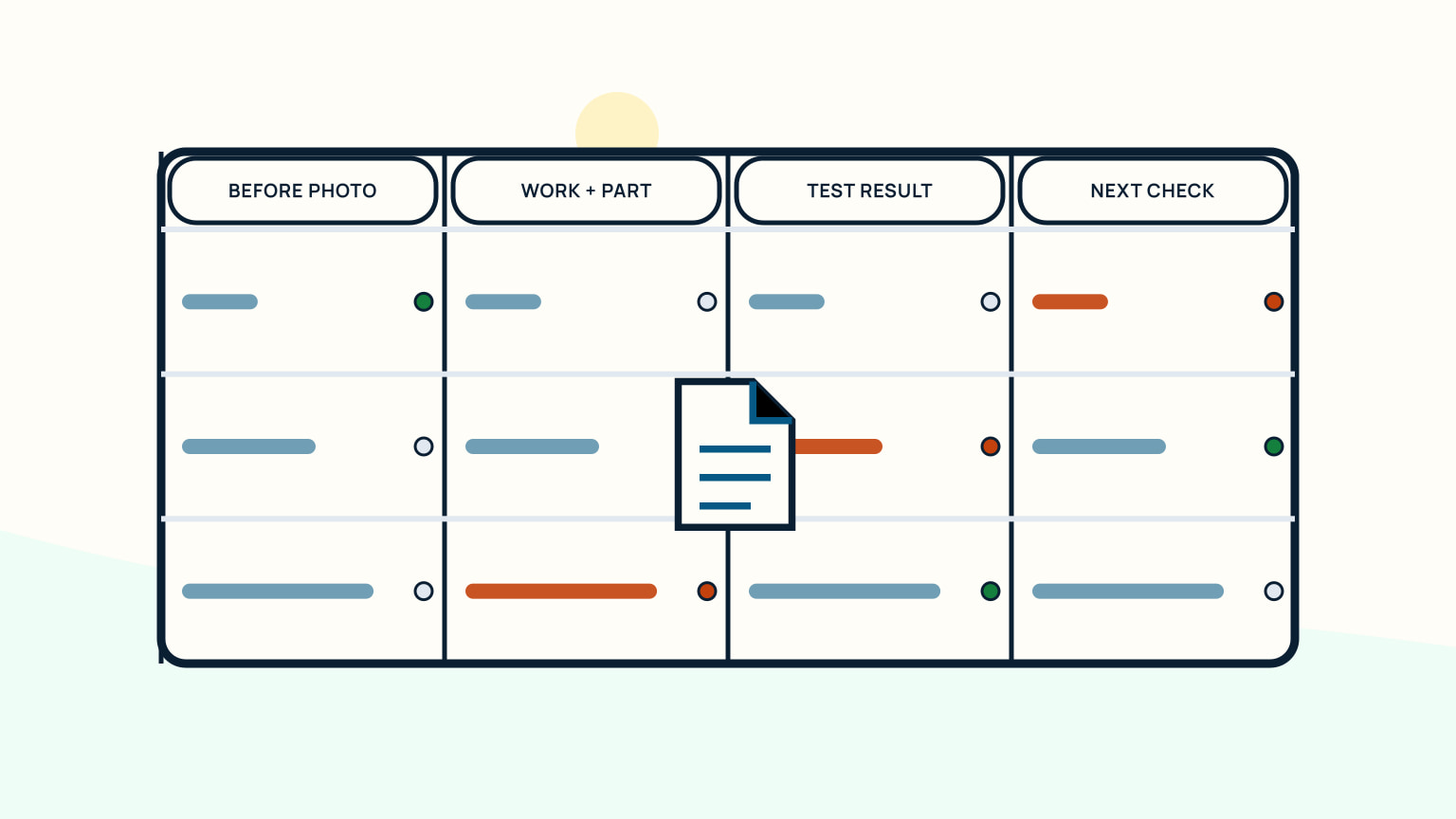Service record table with before photo, work and part, test result, and next check columns
