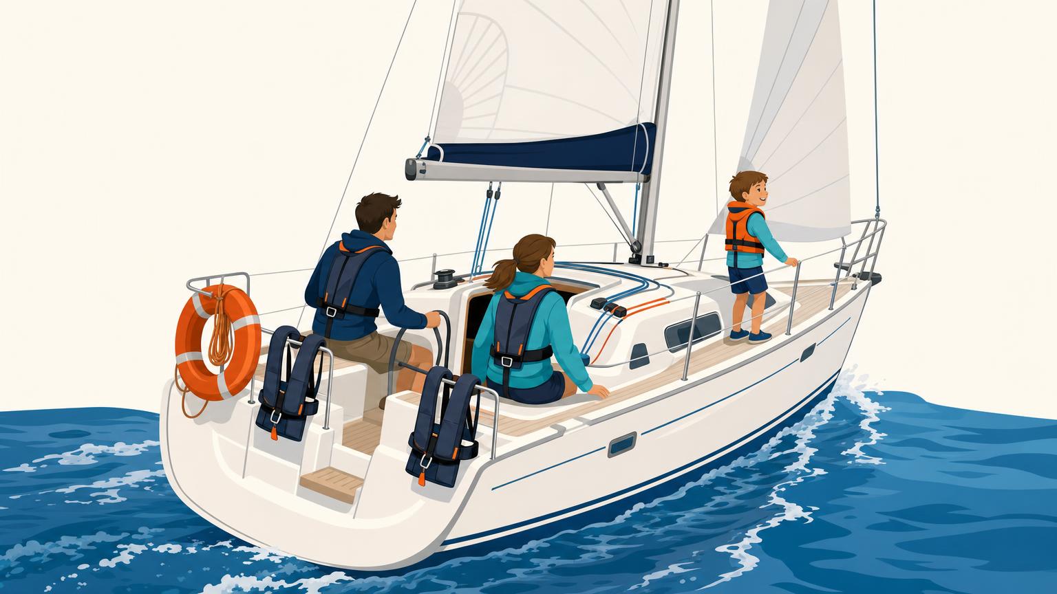 Three sailors wearing fitted PFDs on a sailboat with spare wearable devices and a lifebuoy stored separately