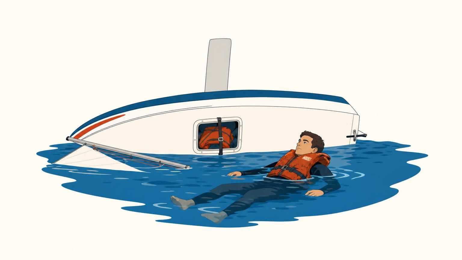 Sailor kept afloat by a worn PFD while an unworn PFD remains out of reach aboard the heeled sailboat