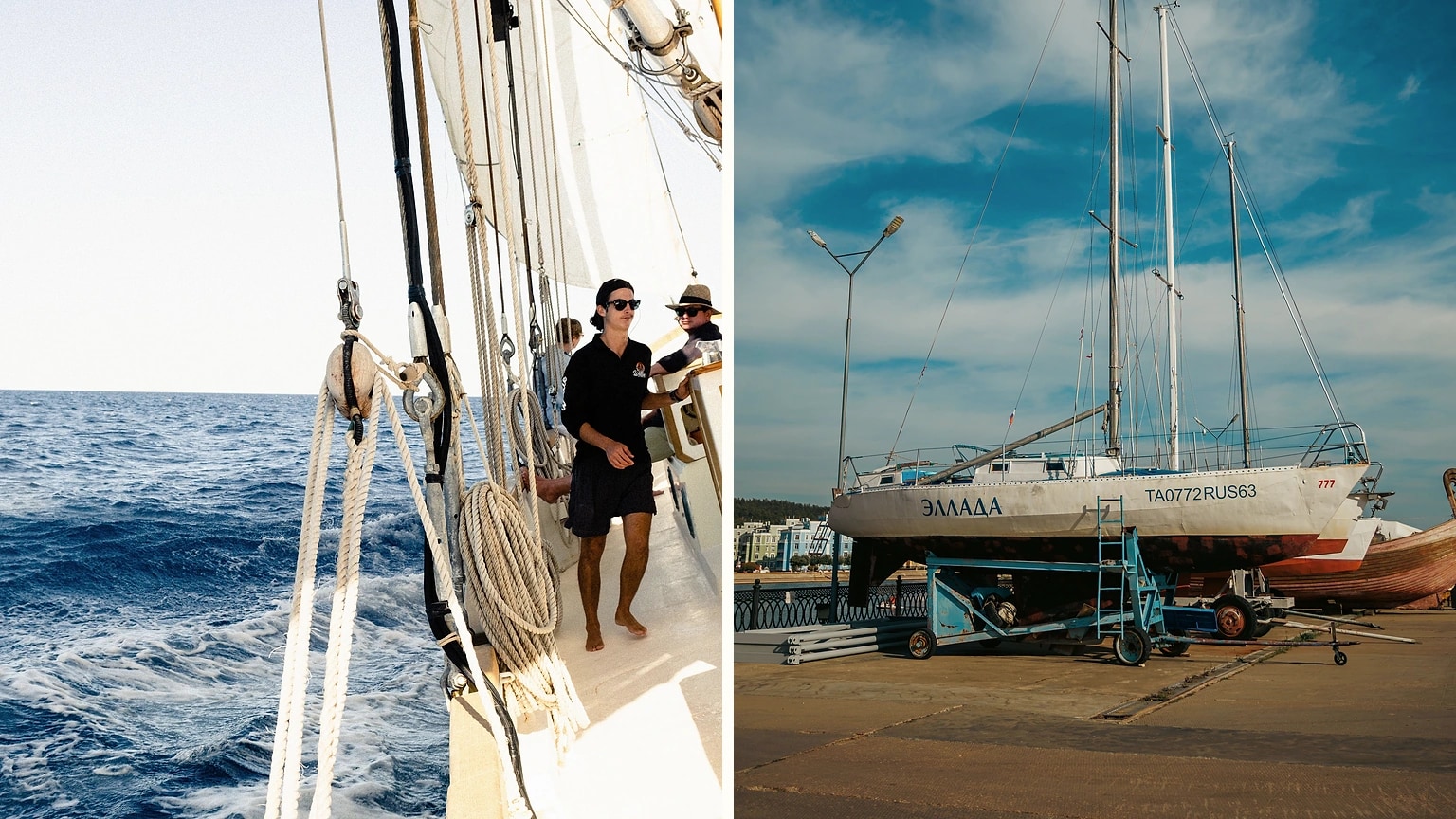 Sailor standing beside boats stored in a marina yard