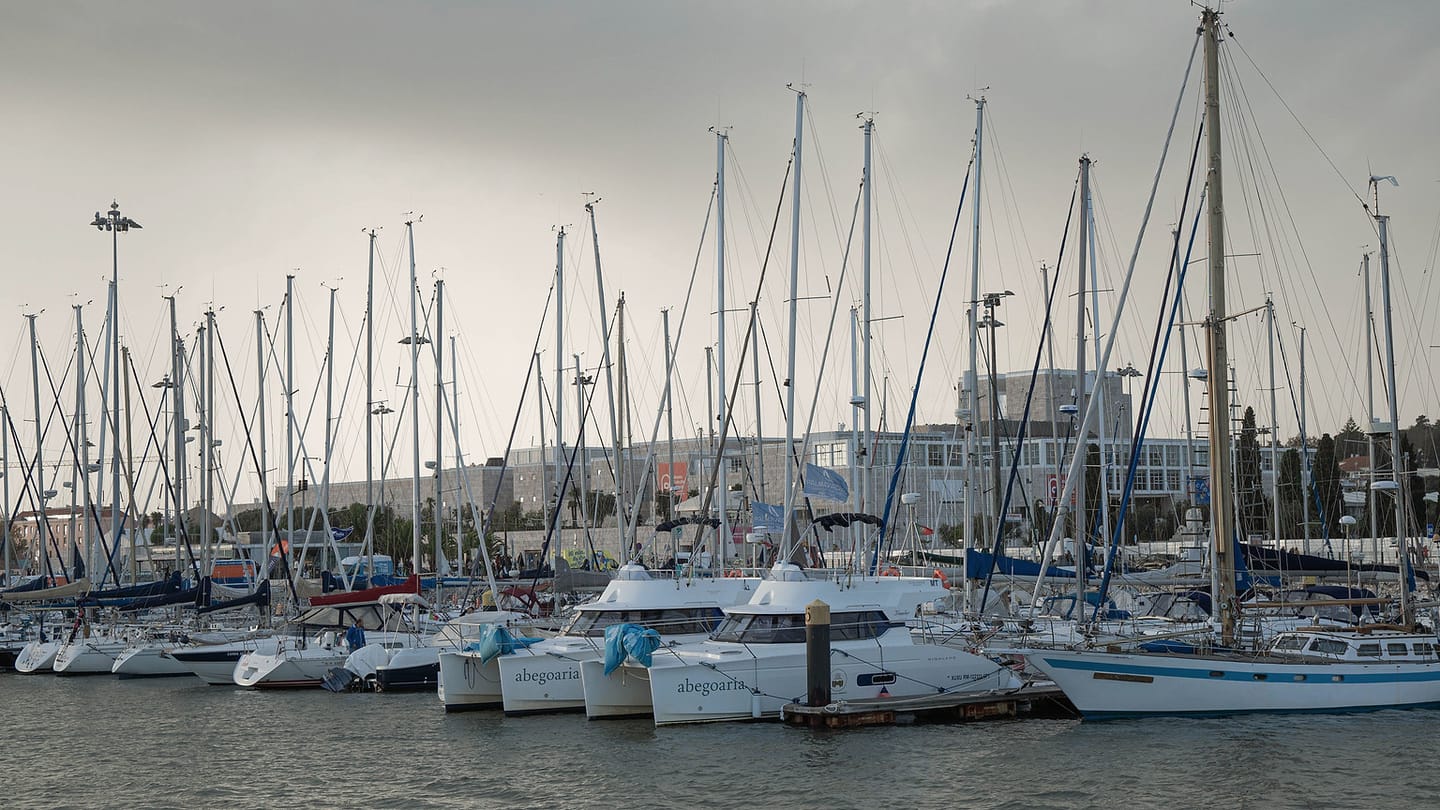 Sailboats lie alongside marina docks in open water.