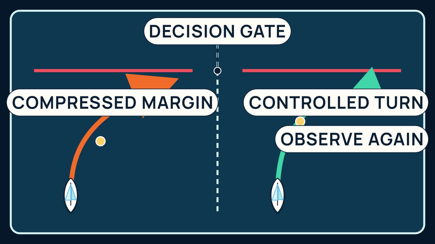Two approach tracks show how lower speed increases observation time and preserves a stopping or turning margin before the next gate