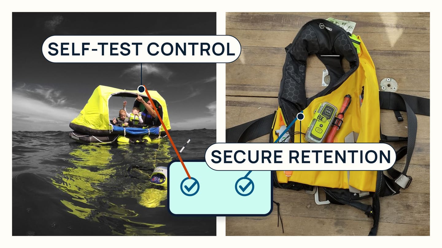 An EPIRB antenna and test control beside a PLB secured inside a lifejacket