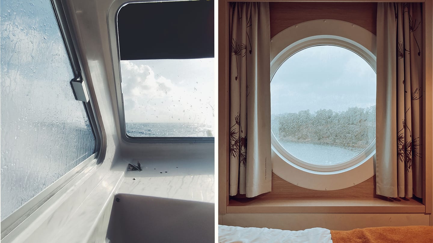 Rain-covered boat window beside a round cabin portlight