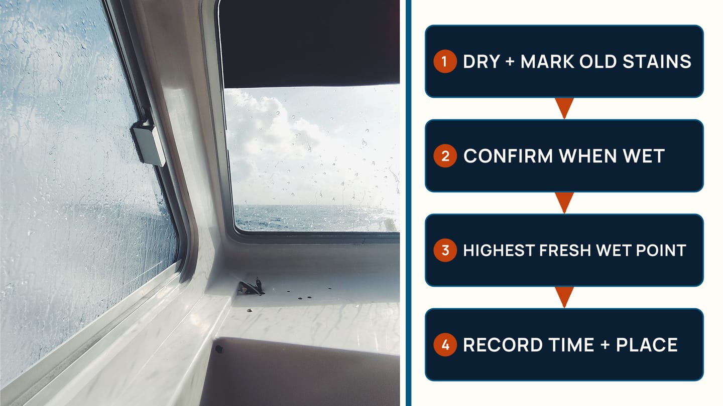 Wet boat window beside a four-step rainwater clue-mapping path