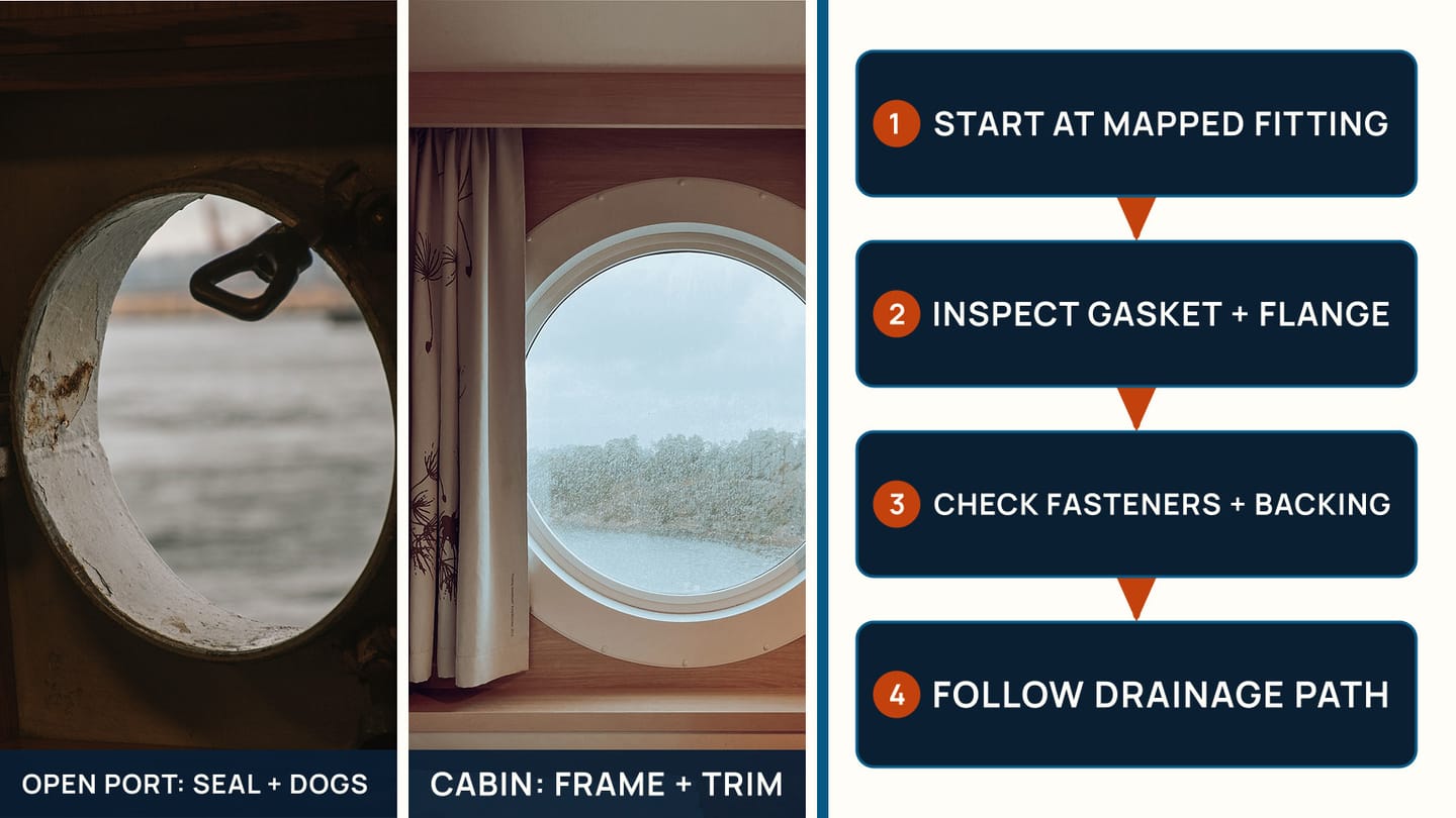 Open portlight hardware and cabin-side frame beside a four-step entry-point inspection path
