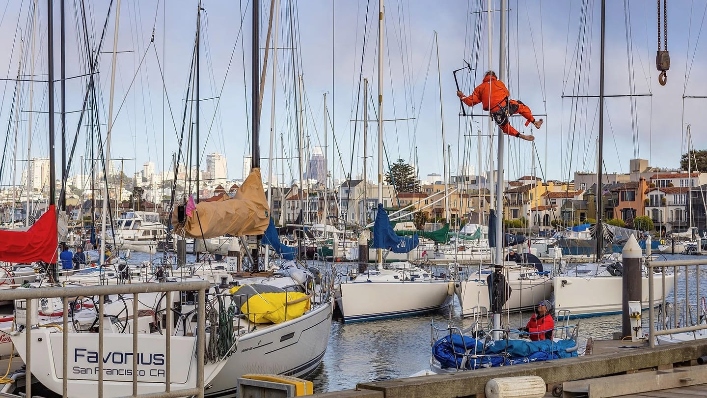 Worker inspecting a sailboat beside a marina
