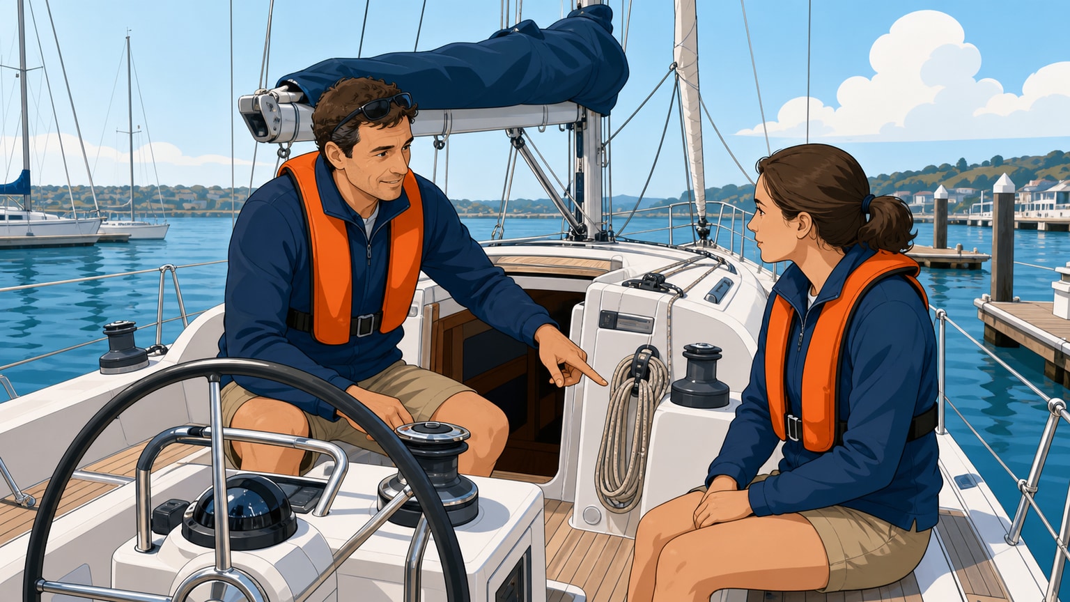 New crew member listening to a skipper's briefing in a tidy sailboat cockpit