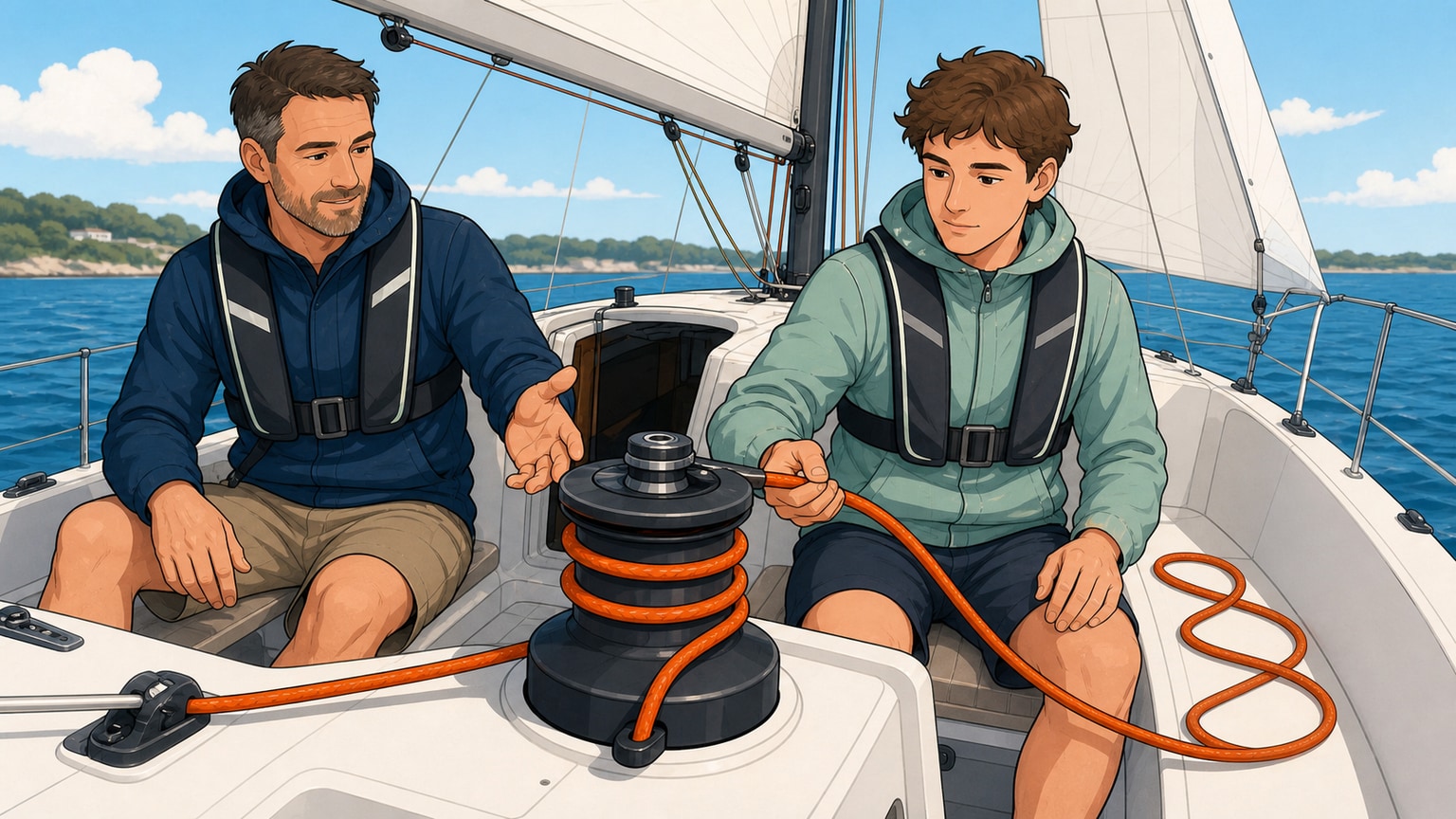 Crew member easing a sheet under the skipper's supervision with the line tail flaked beside them