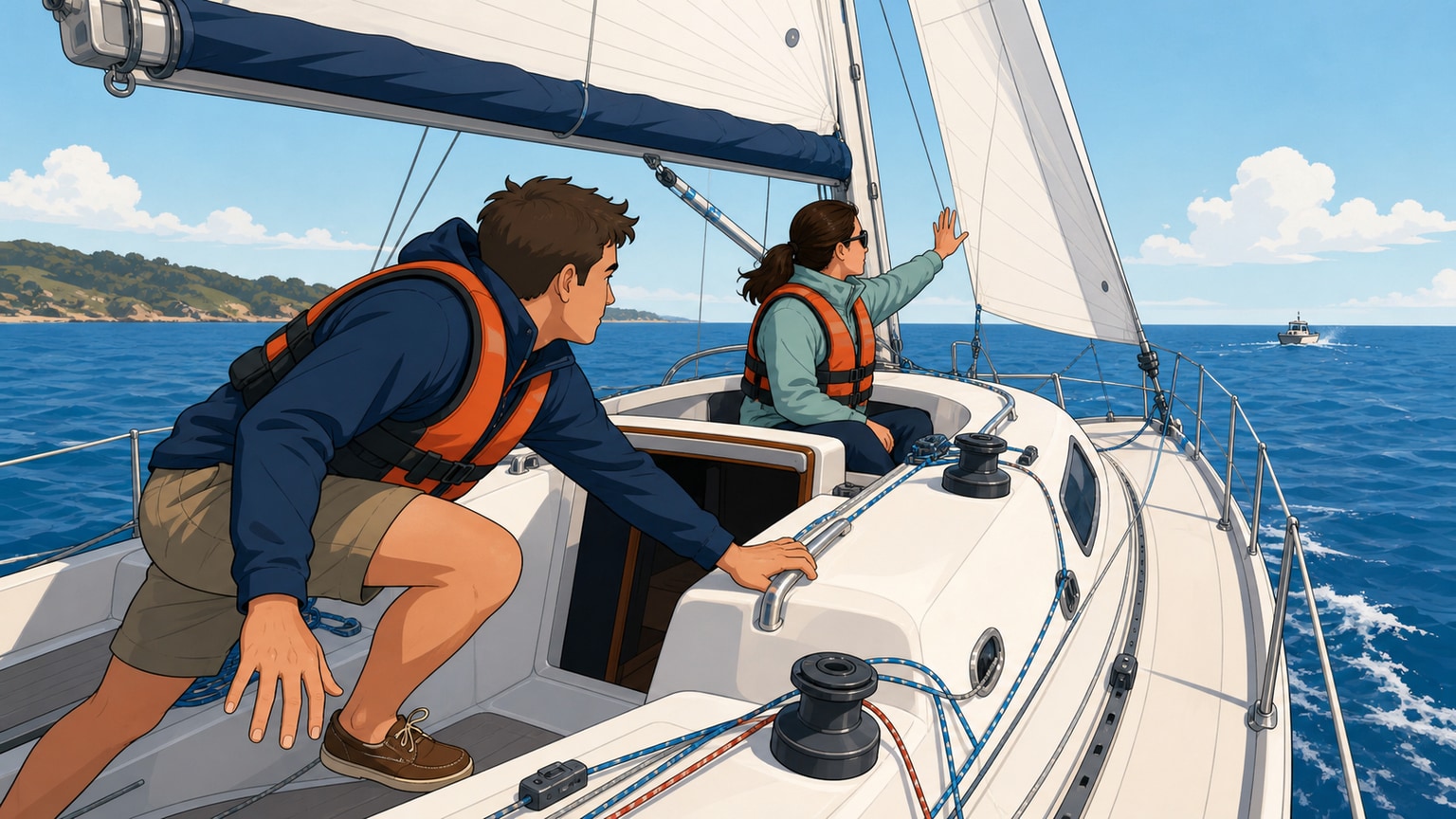 Crew member moving low with a fixed handhold while another crew member keeps watch ahead
