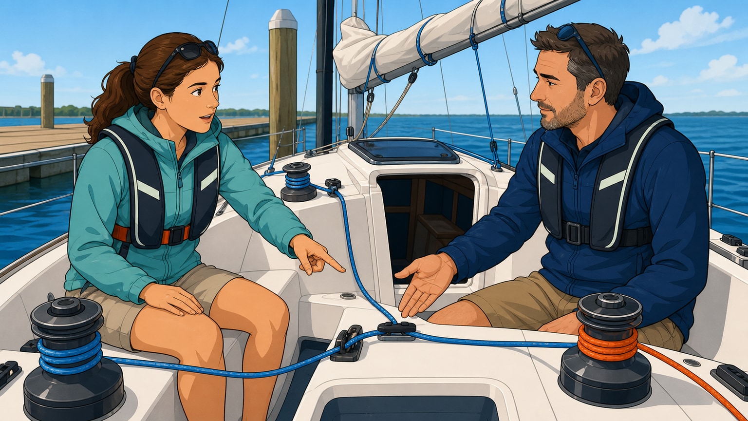 New crew member repeating a line-handling instruction back to the skipper before acting
