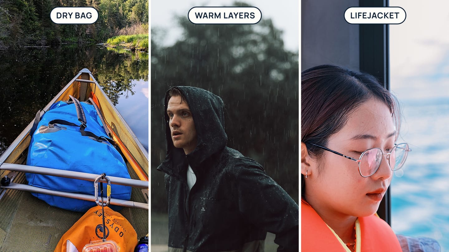 Panels labelled DRY BAG, WARM LAYERS, and LIFEJACKET show a blue dry bag in a canoe, rain clothing, and an orange lifejacket