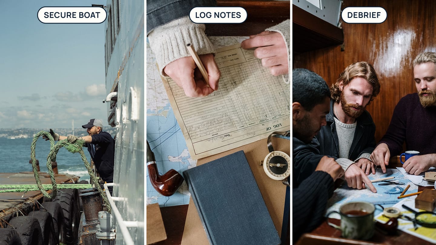 Panels labelled SECURE BOAT, LOG NOTES, and DEBRIEF show a mooring line being handled, a nautical record, and sailors discussing a chart