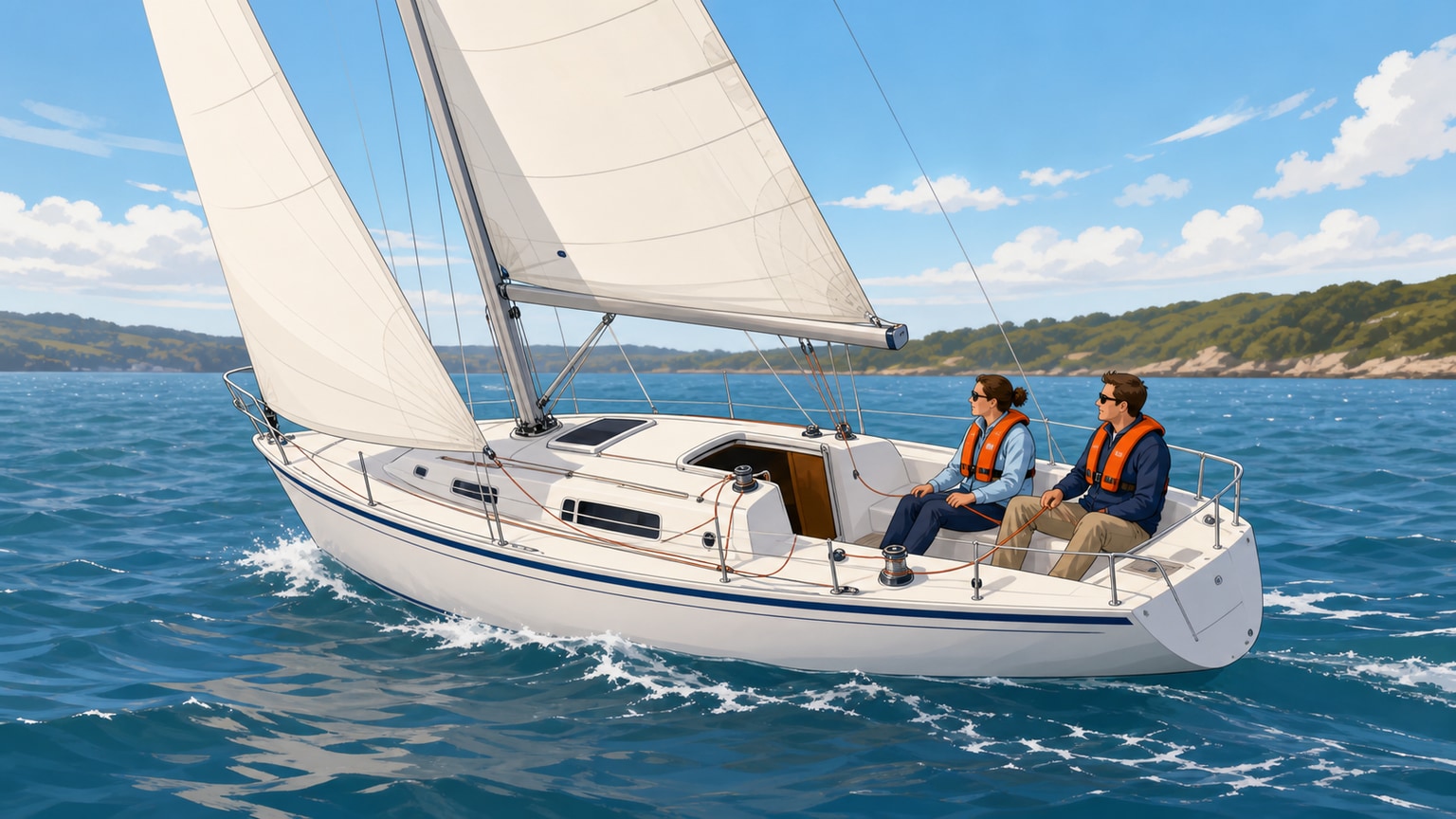 Sailboat heeling gently with two lifejacket-wearing people aboard