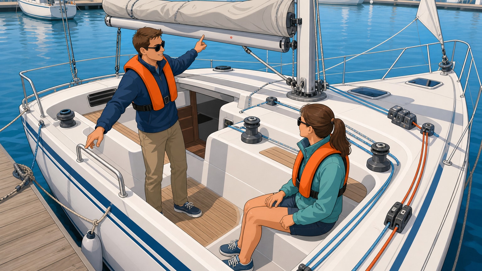Simple cockpit orientation showing a seated guest clear of the boom and working lines