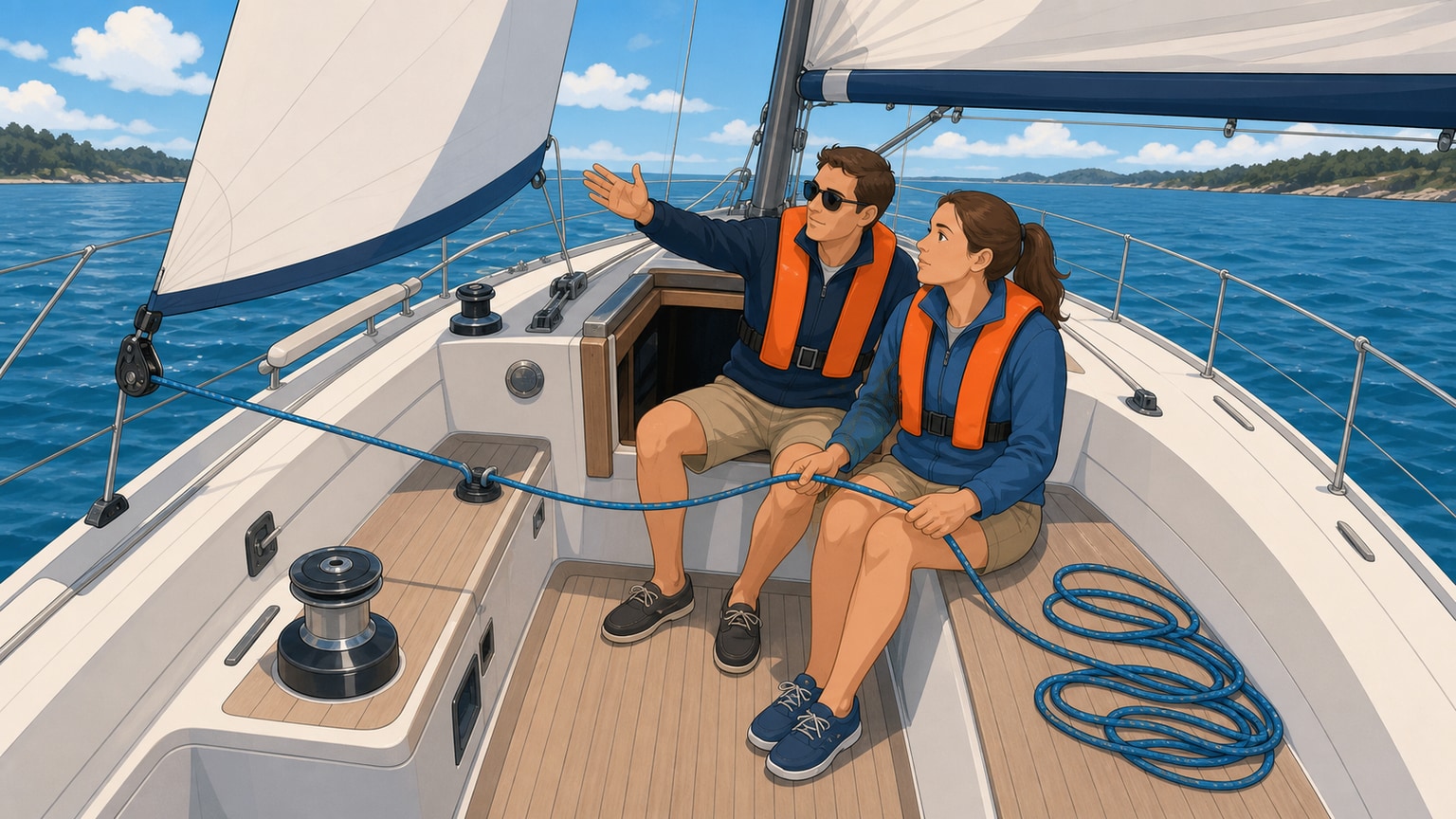 Beginner holding a sheet under the skipper's supervision while keeping clear of the line coil