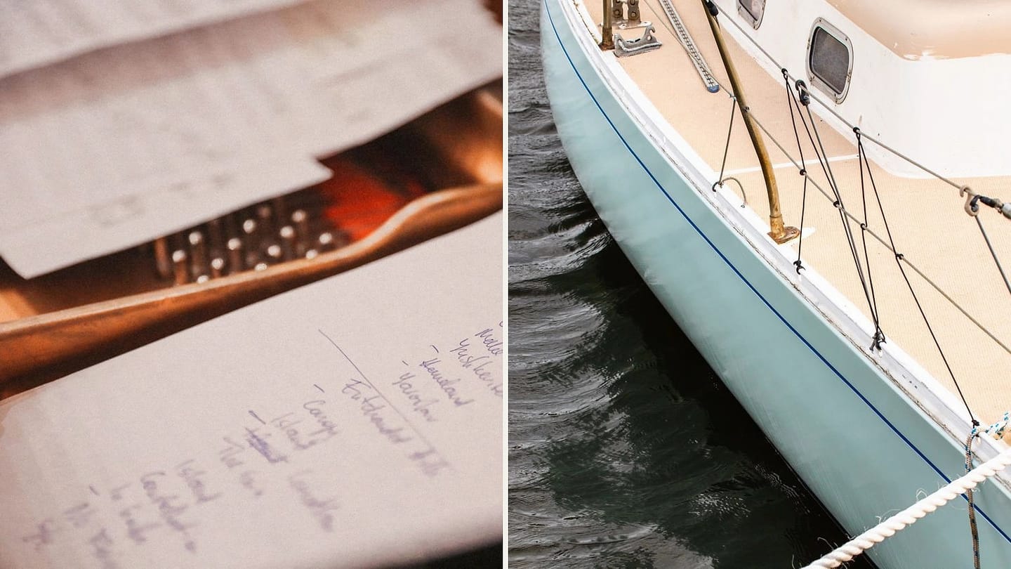 Handwritten checklist beside a close view of a sailboat hull and deck