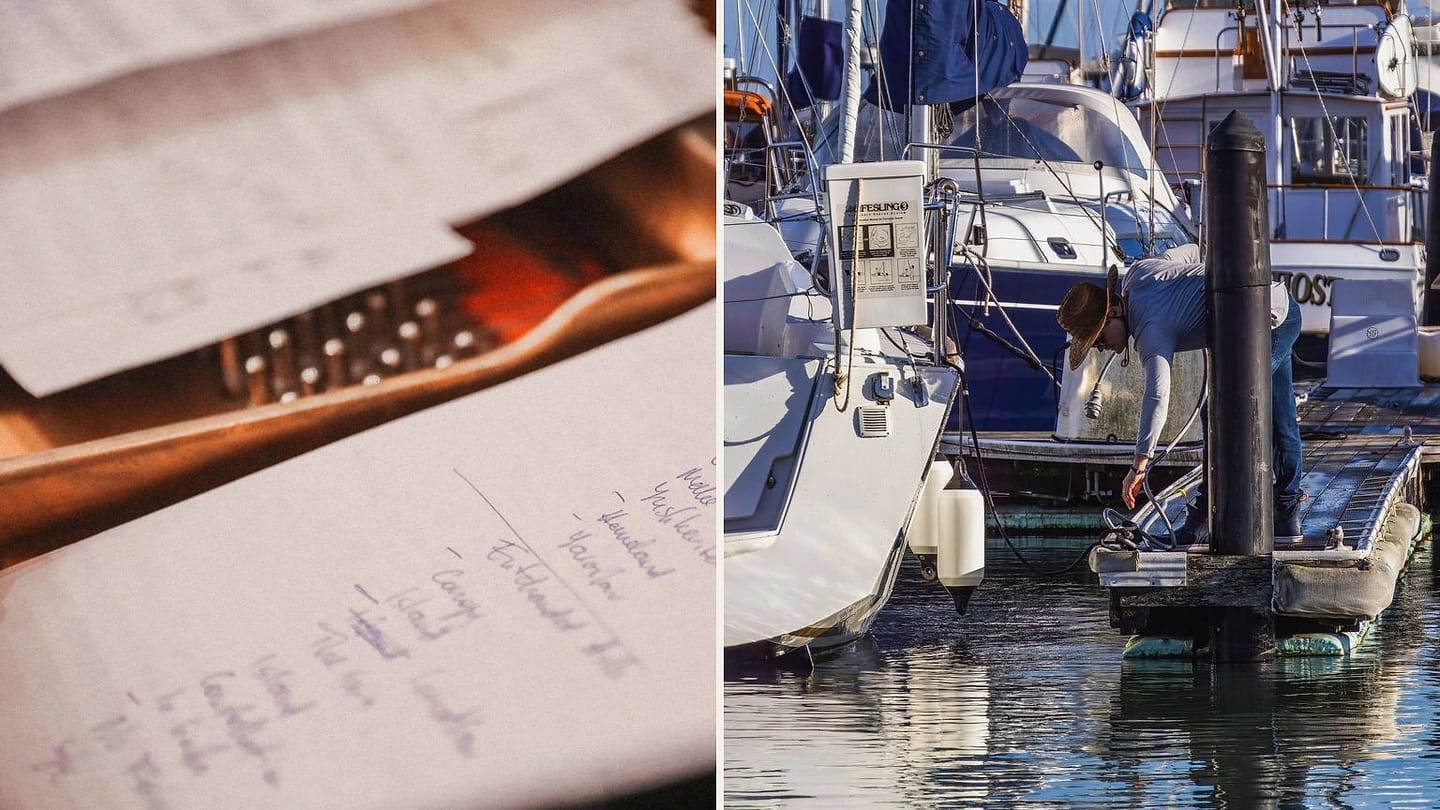 Handwritten checklist beside a person working on a docked sailboat