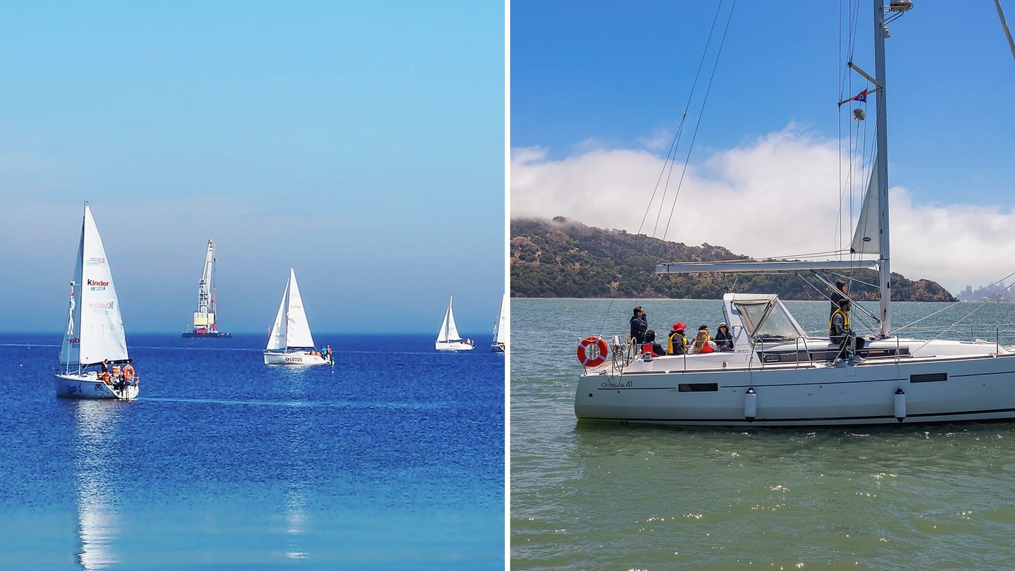 A fleet of sailing yachts beside one crewed yacht under sail
