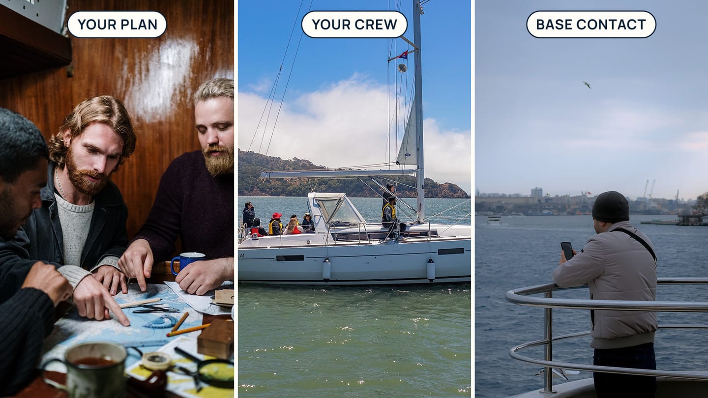 Chart planning, a yacht crew, and a caller beside the water labelled Your Plan, Your Crew, and Base Contact